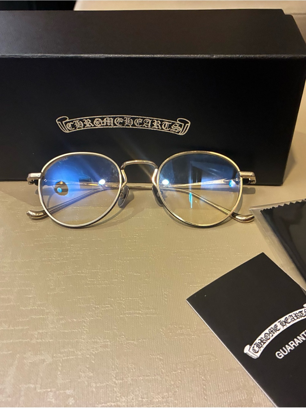 Chrome Hearts Gold Frame Glasses with Blue Lenses